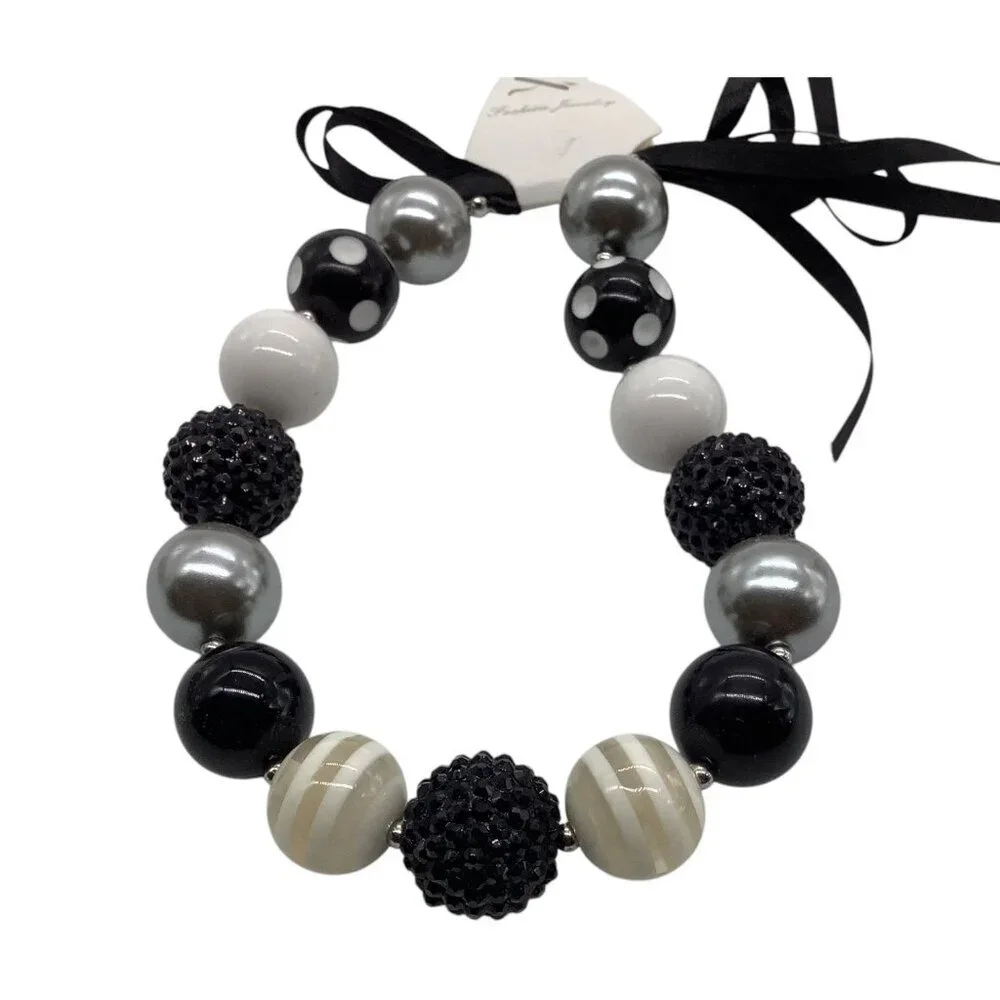 Chunky Beaded Girls Necklace With Ribbon‎ Tie Closure In Black White & Silver